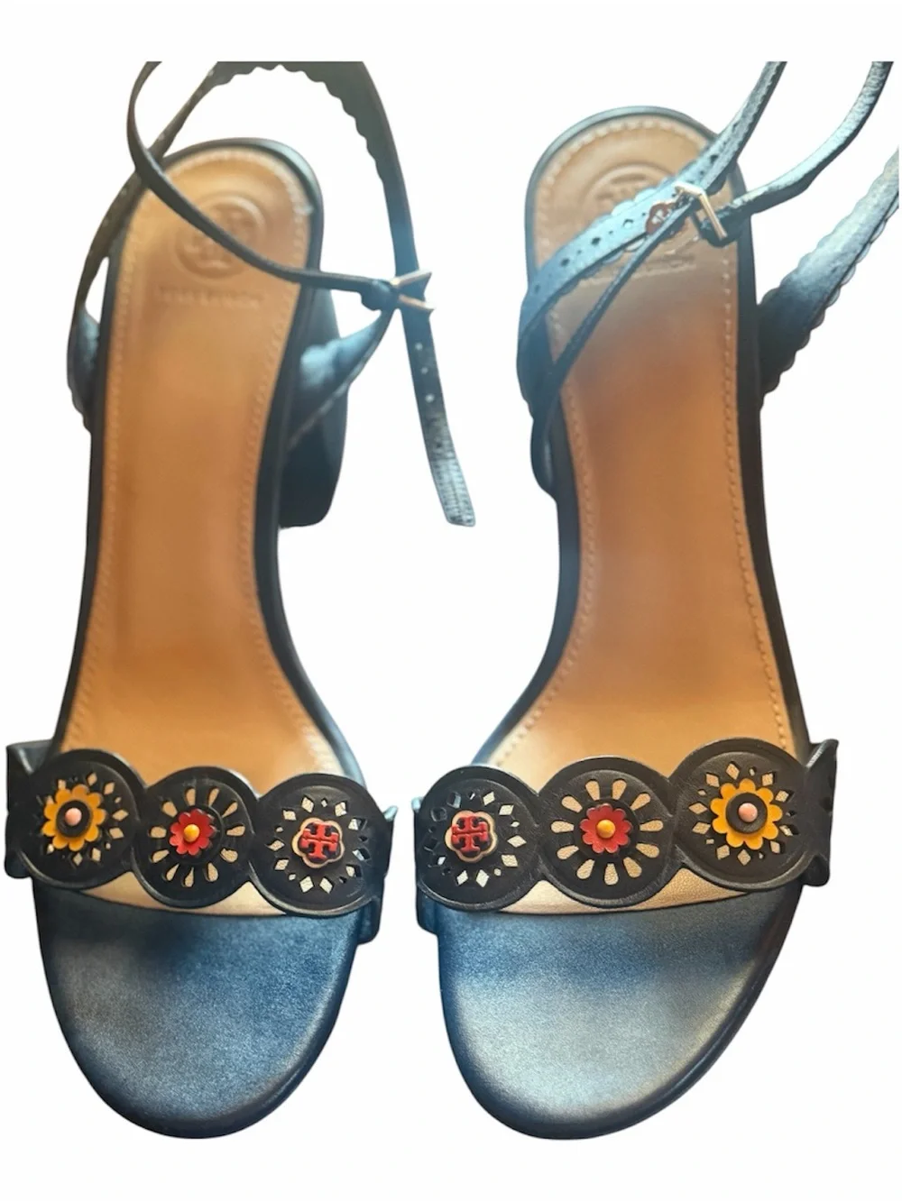Tory Burch navy  Floral Cutout Leather Sandals